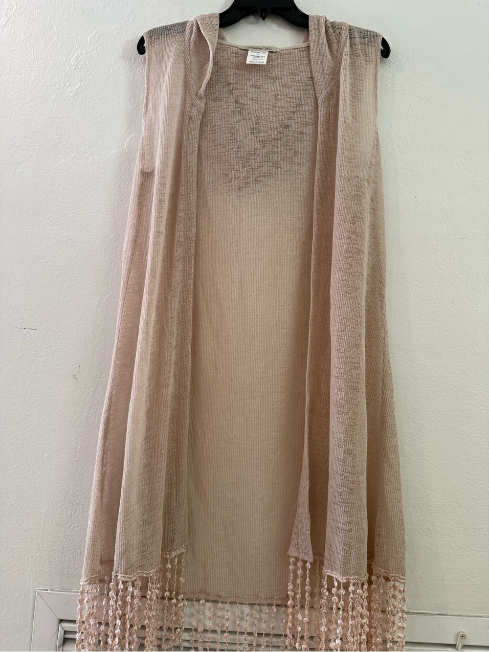 Beige Hooded Sleeveless Open Front Duster with Beaded Fringe